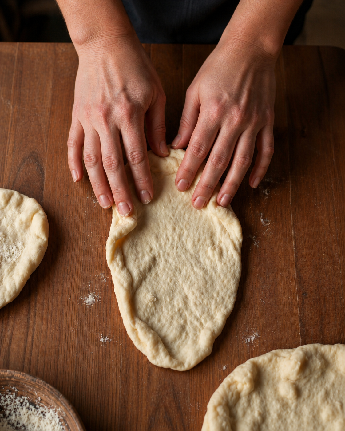 Hands stretching lavash dough